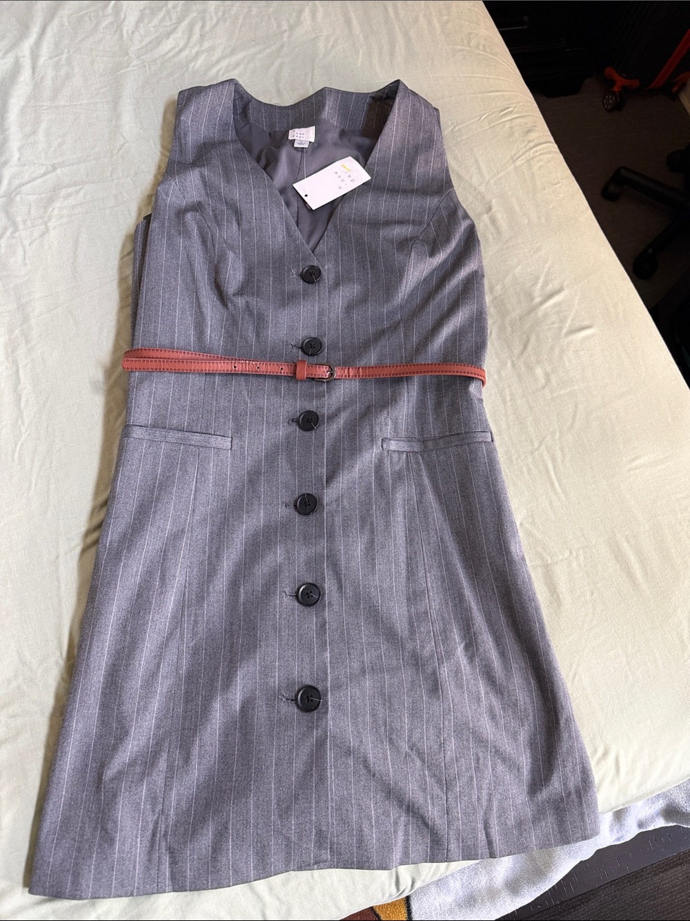 a new day Gray Pinstripe V-Neck Button Front Dress